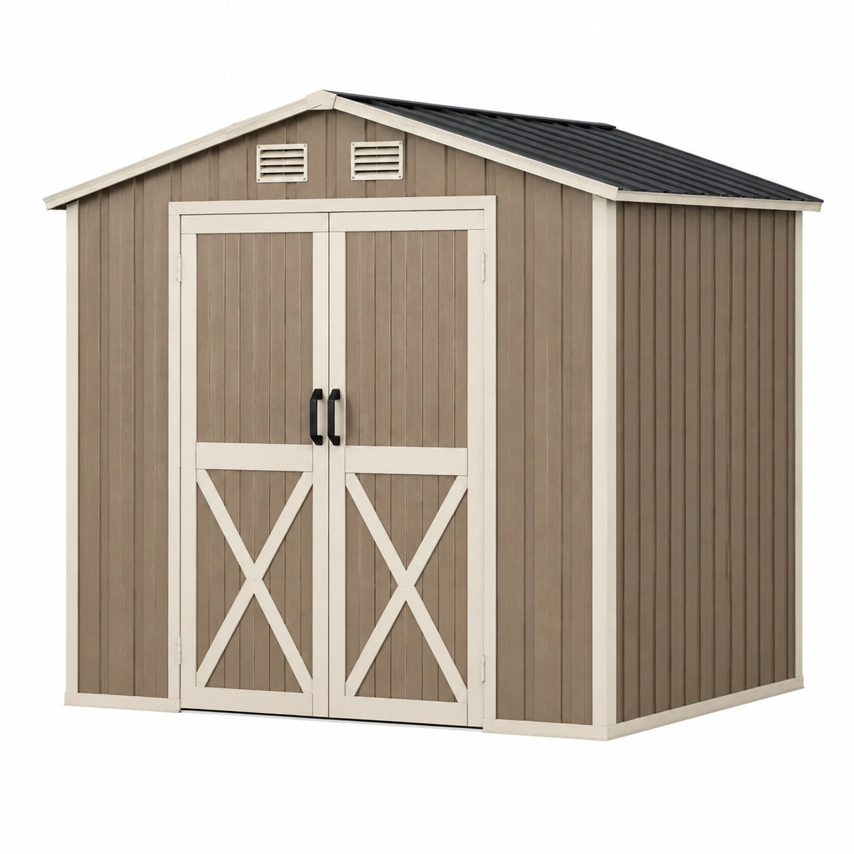 Abri de jardin 213 x 127 x 185 cm en résine taupe et beige avec double porte ventilée