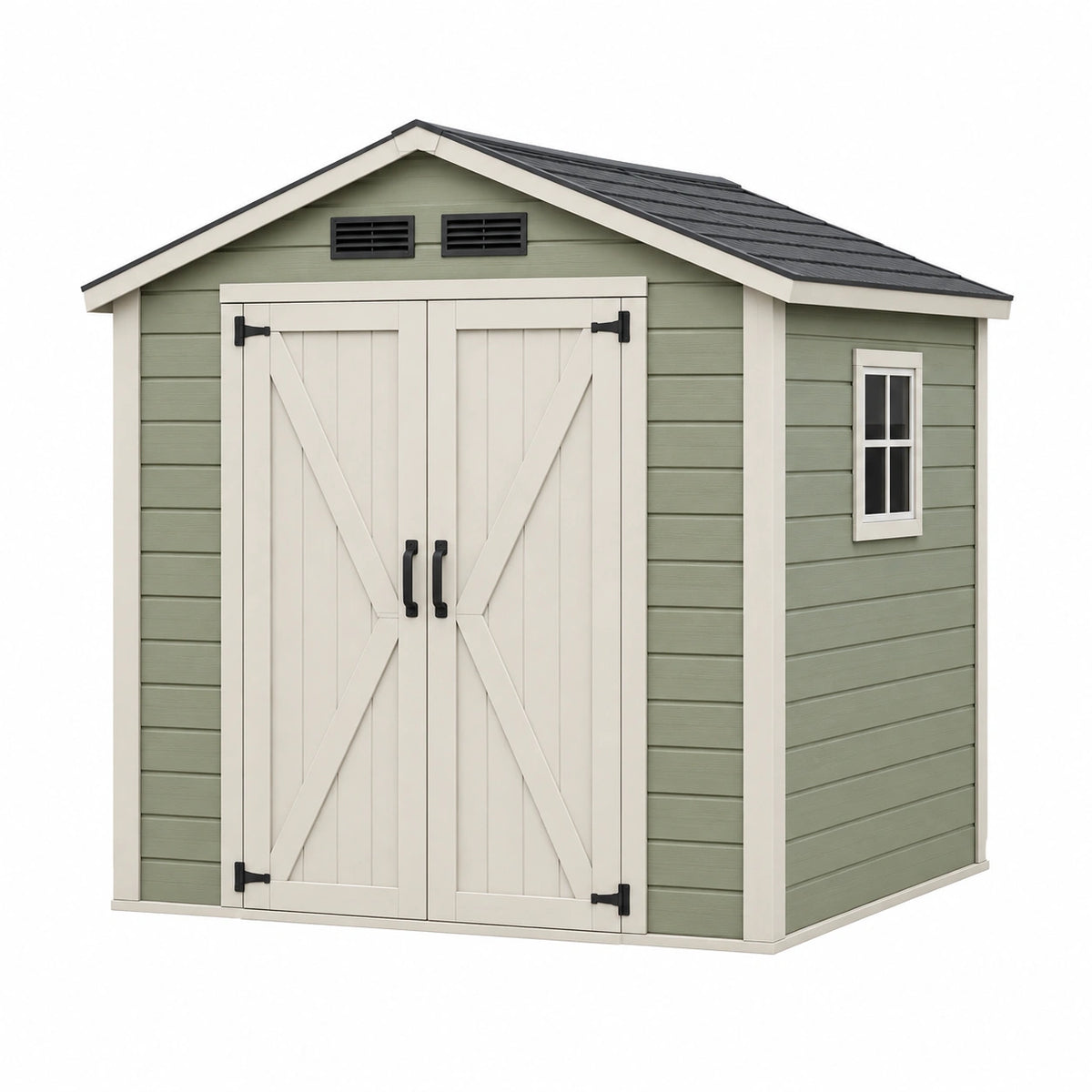 Abri de jardin 239 x 185 x 227 cm en résine vert sauge à double porte ventilé