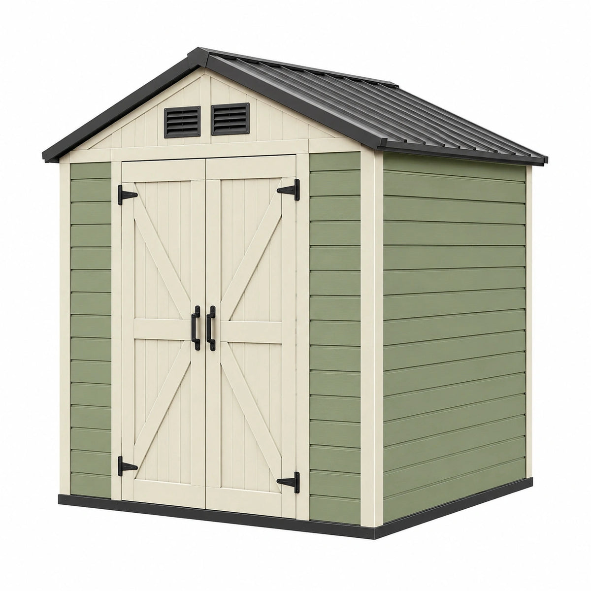 Abri de jardin 180 x 120 x 180 cm en résine vert sauge et beige avec double porte ventilée
