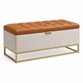 Banc coffre de rangement 120 x 45 x 48 cm en similicuir marron et tissu beige style contemporain