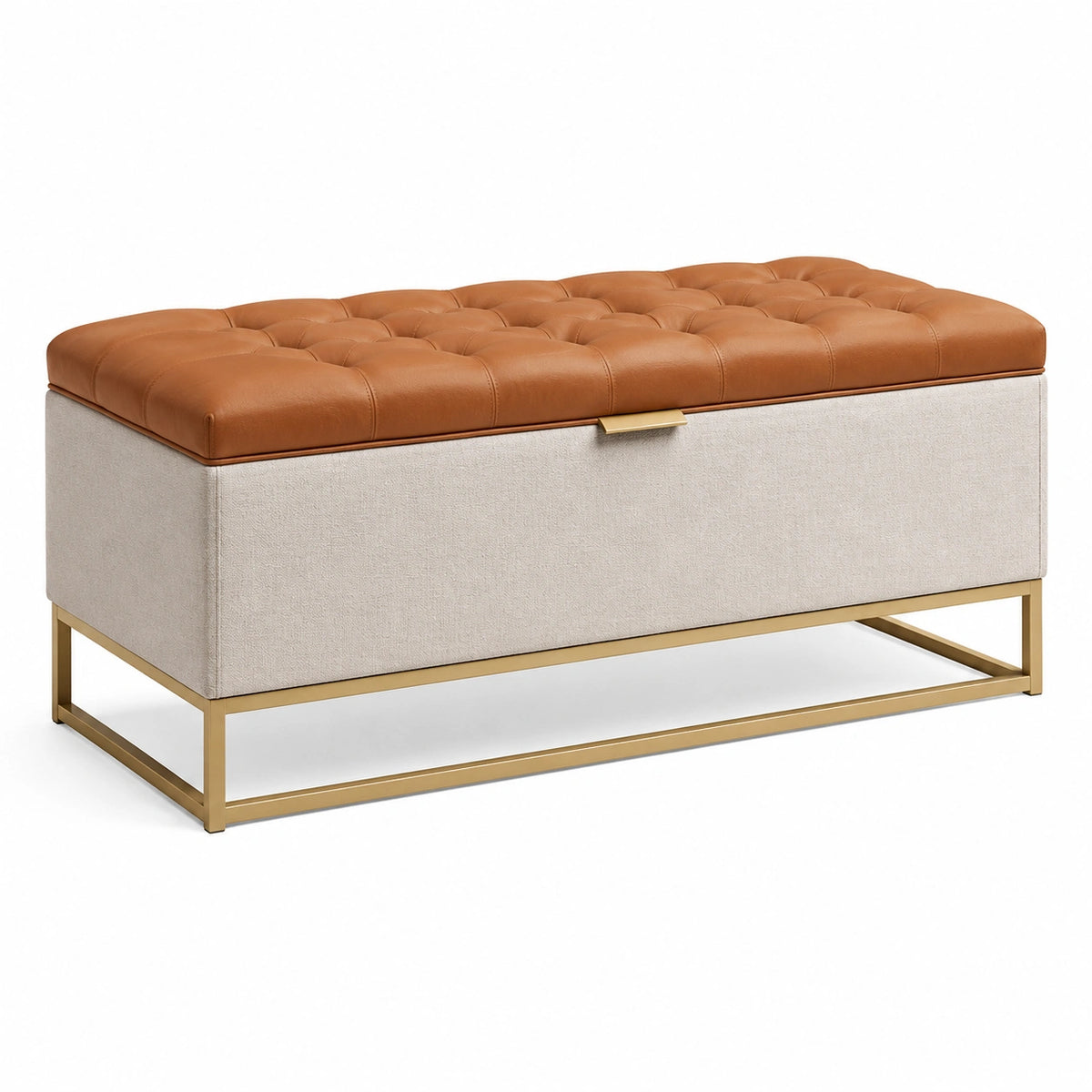 Banc coffre de rangement 120 x 45 x 48 cm en similicuir marron et tissu beige style contemporain