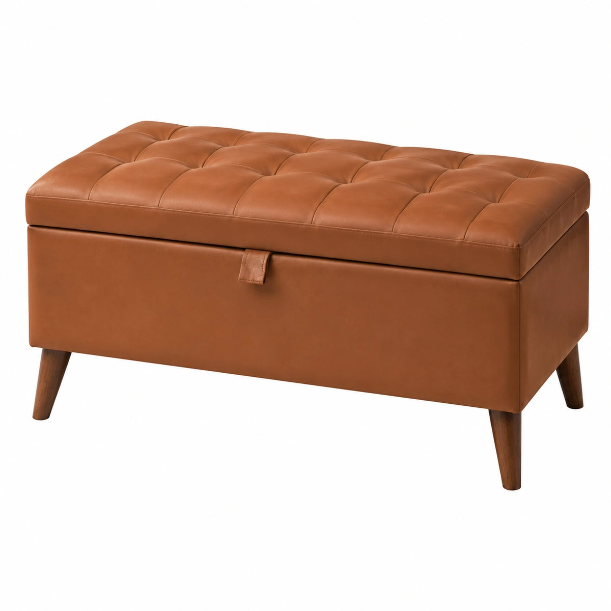Banc de rangement 110 x 45 x 48 cm en revêtement aspect cuir cognac style capitonné