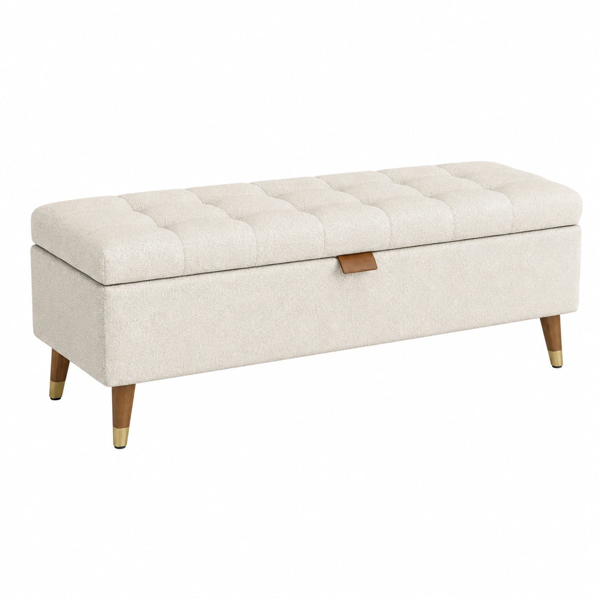 Banc coffre de rangement 120 cm en tissu bouclette écru style contemporain capitonné