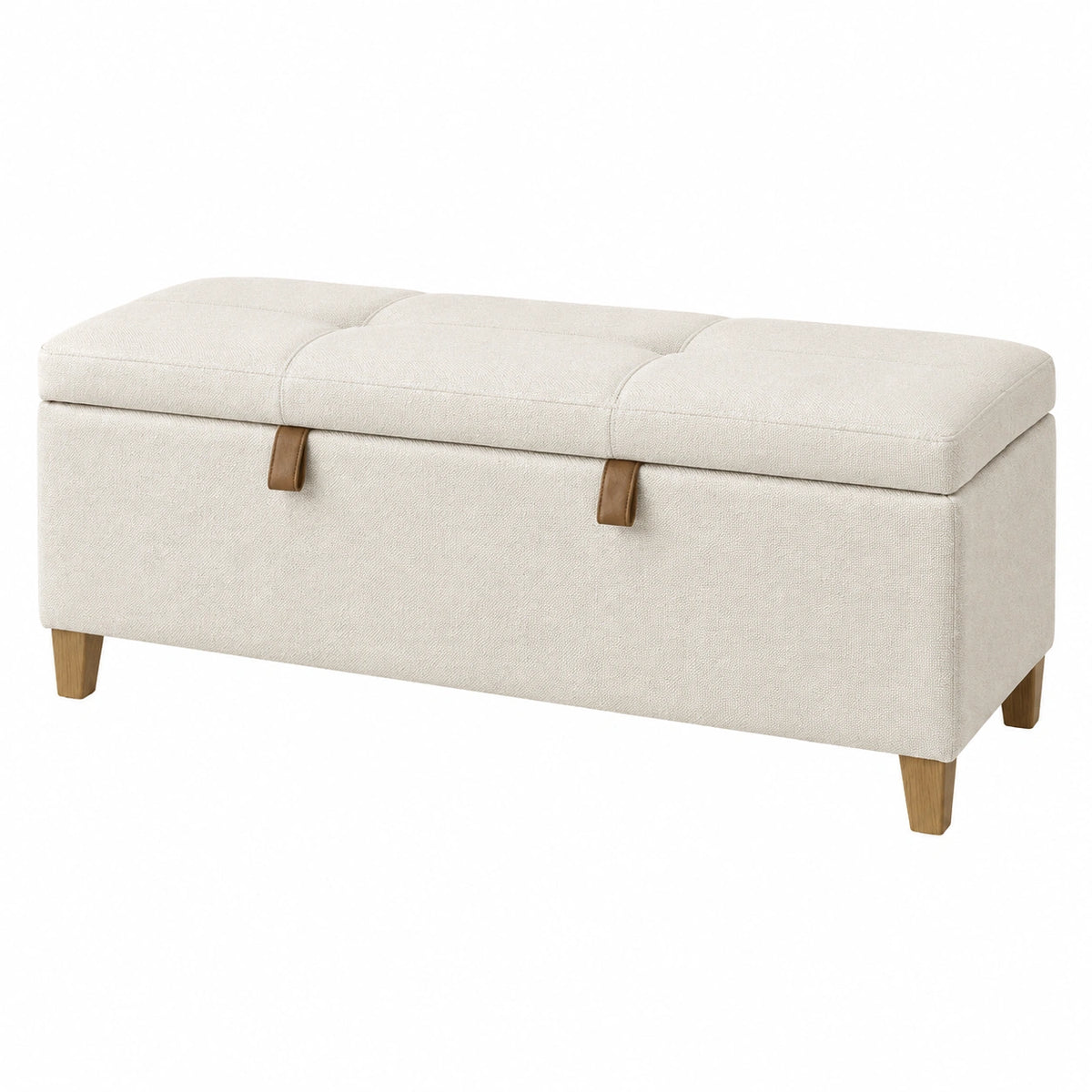Banc coffre de rangement 120 cm en tissu beige avec pieds en bois style contemporain