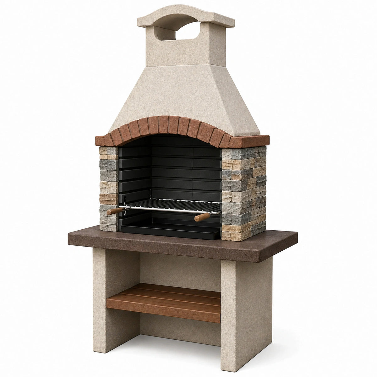 Barbecue de jardin 120 x 70 x 220 cm en pierre et acier noir style traditionnel avec cheminée