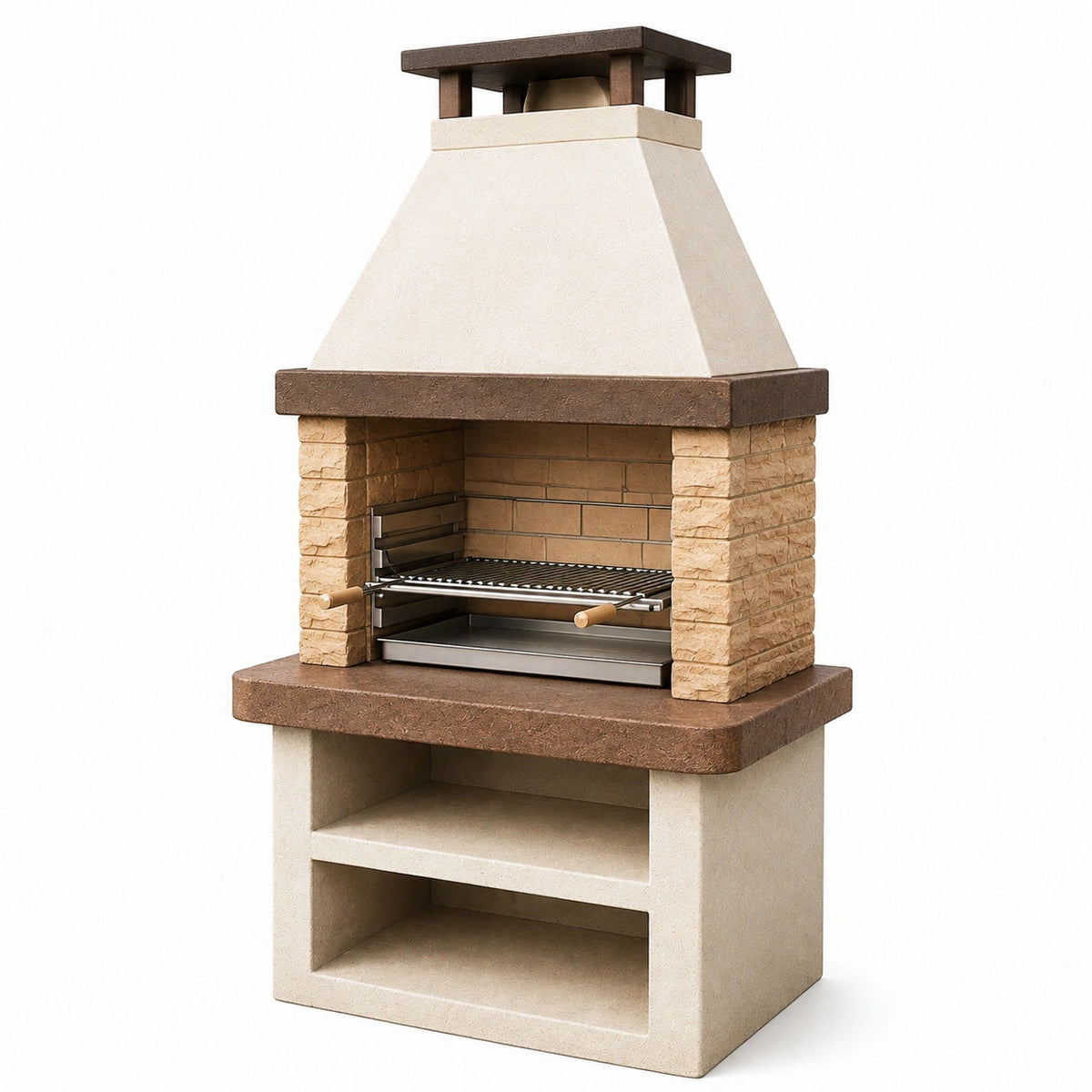 Barbecue cheminée de jardin 120 x 80 x 220 cm en pierre beige avec grille acier