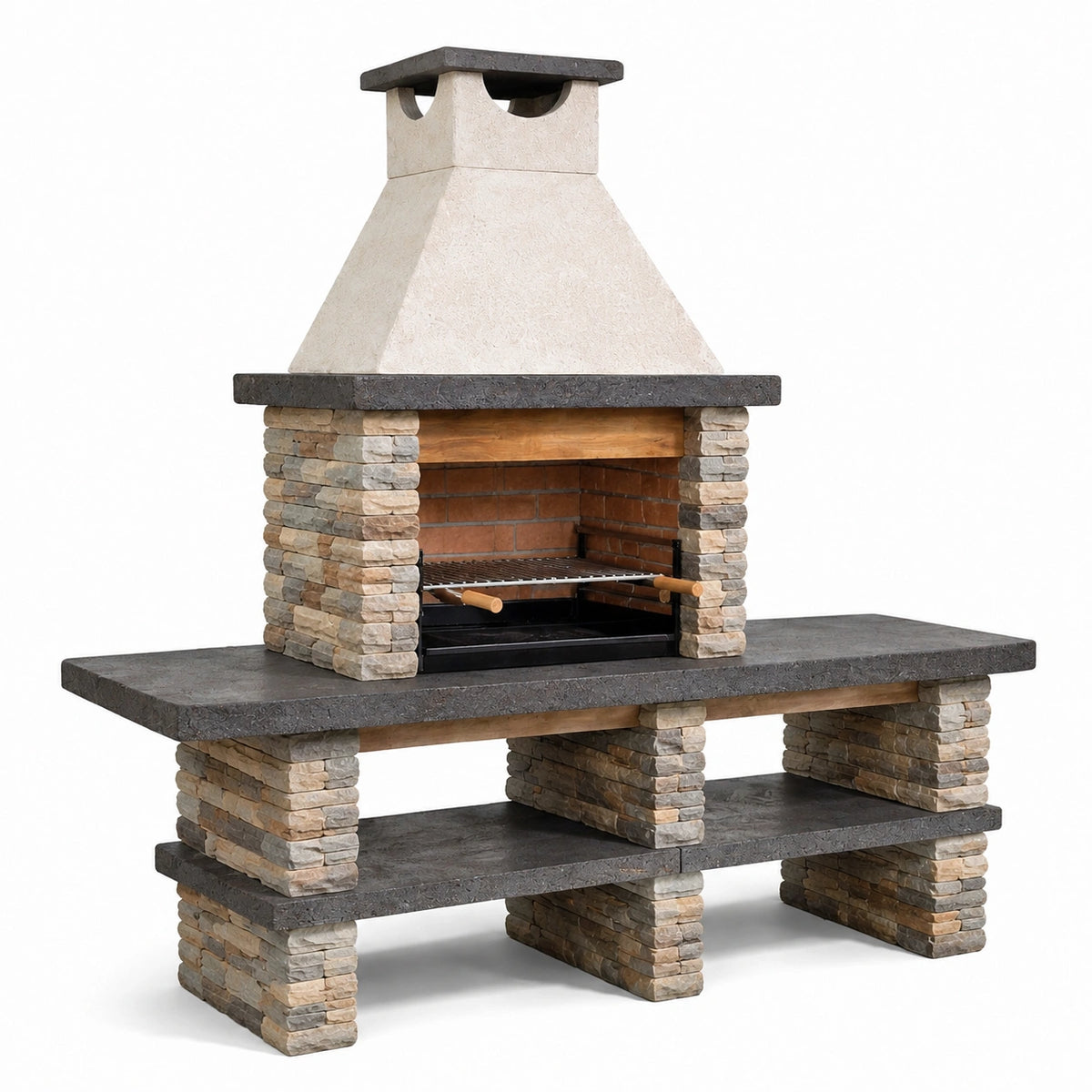 Barbecue de jardin 160 x 70 x 210 cm en pierre beige et gris avec gril réglable style rustique