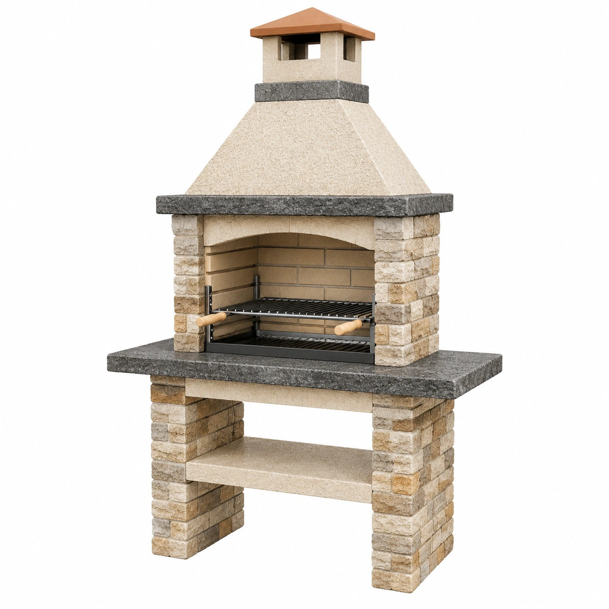 Barbecue de jardin 120 x 70 x 210 cm en pierre beige et acier avec grill réglable