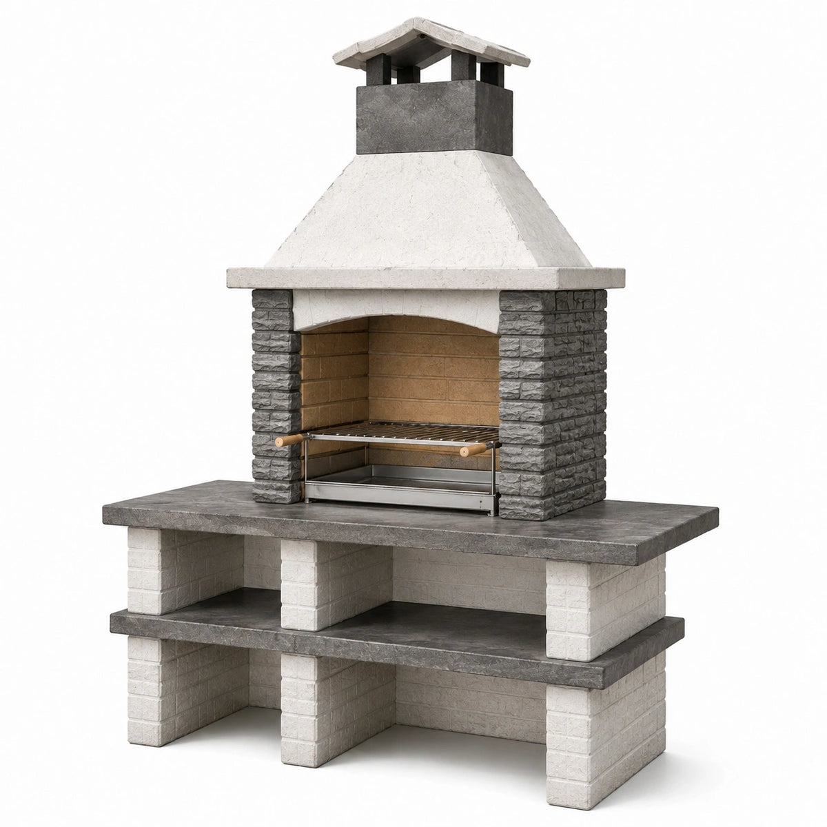 Barbecue de jardin 140 x 80 x 220 cm en pierre reconstituée gris et blanc avec cheminée et grille