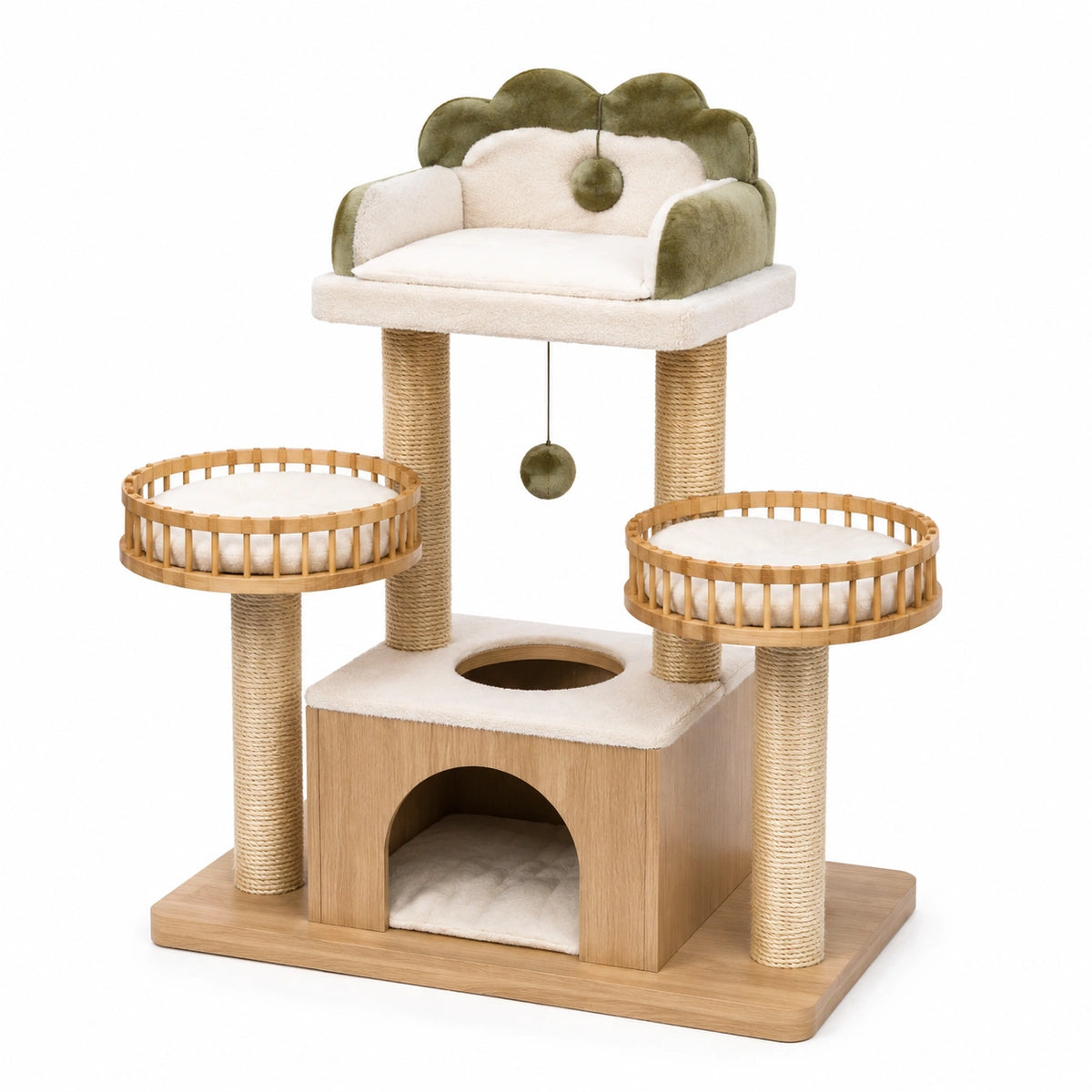 Arbre à chat 70 x 50 x 145 cm en bois beige et vert avec griffoirs en sisal et niches