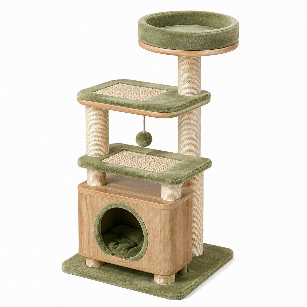Arbre à chat 60 x 50 x 130 cm en sisal et peluche vert style contemporain avec niche et plateformes
