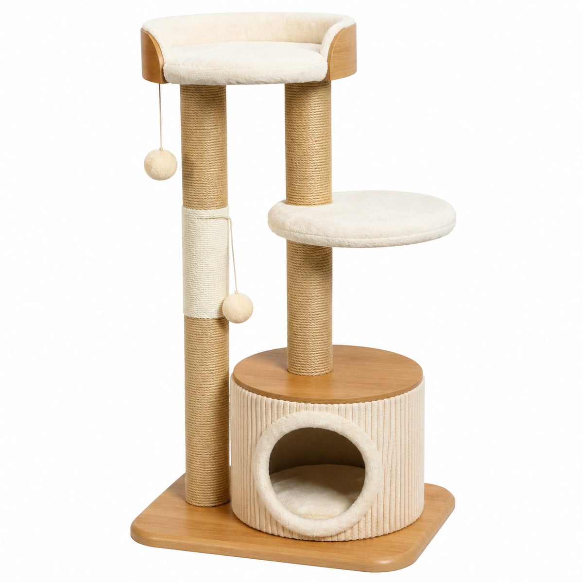Arbre à chat 60 x 50 x 130 cm en bois beige avec poteaux en sisal et niche de repos