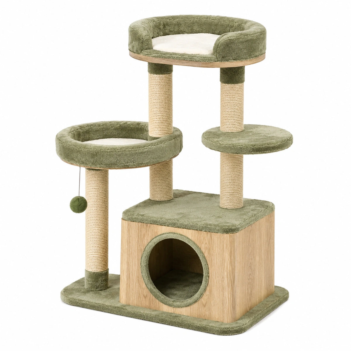 Arbre à chat 60 x 50 x 120 cm en sisal et peluche vert kaki avec niches et plateformes