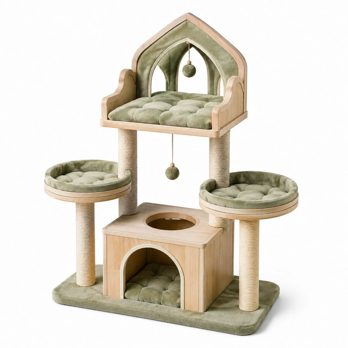 Arbre à chat 60 x 60 x 150 cm en bois beige et vert avec griffoirs et niches