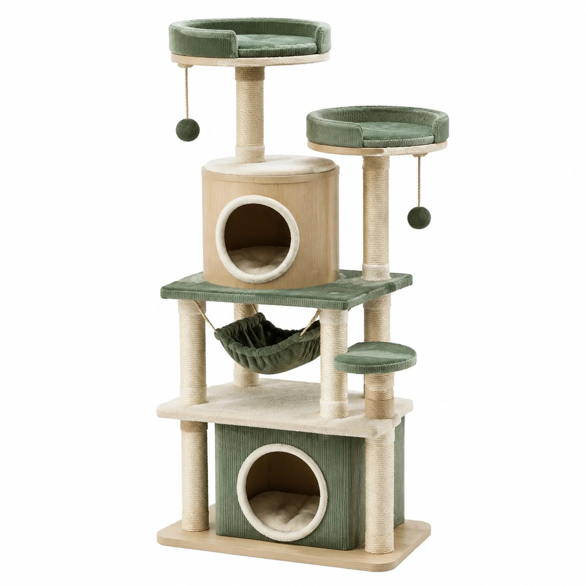 Arbre à chat 60 x 60 x 160 cm vert et beige avec griffoirs plateformes et niches