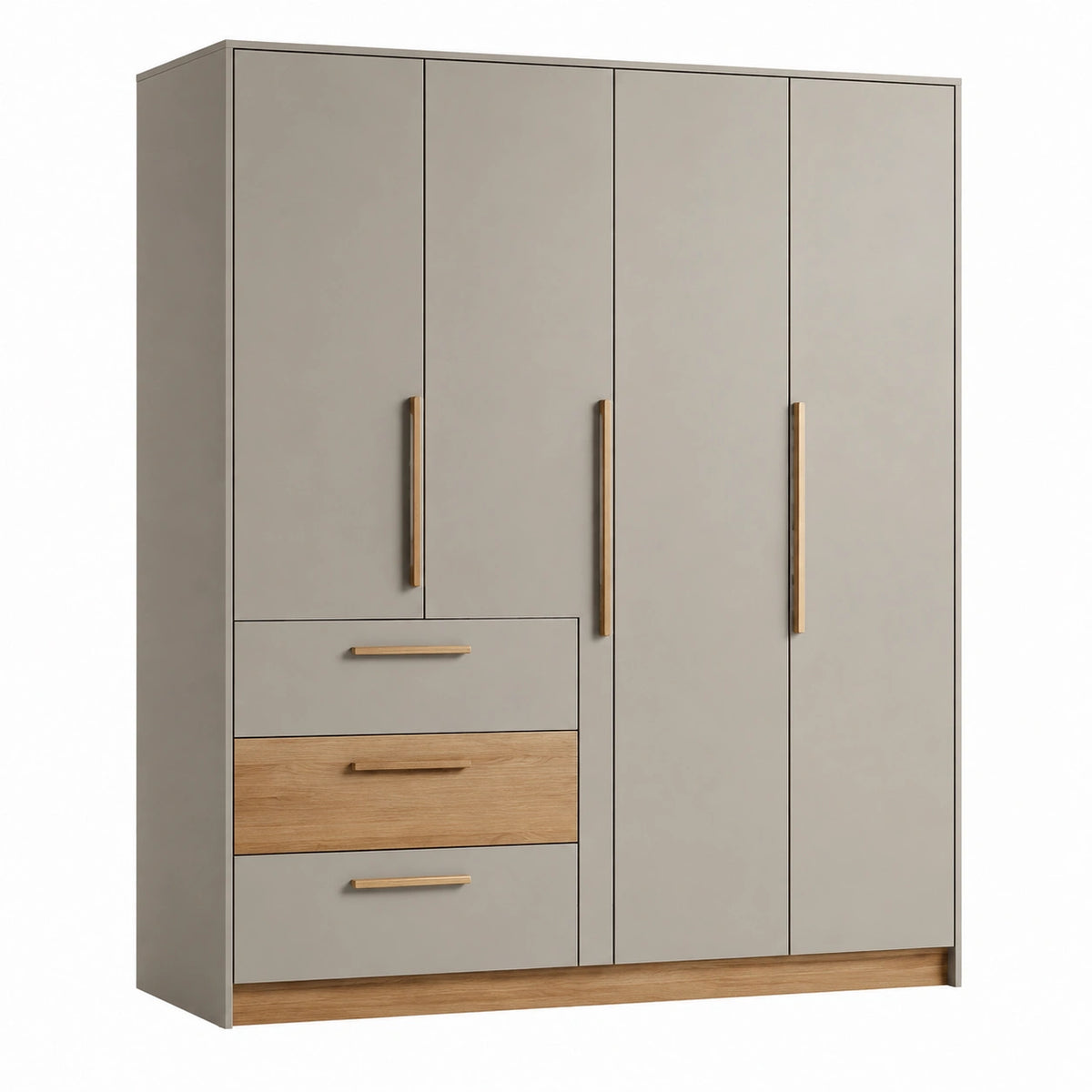 Armoire 200 x 60 x 220 cm en panneaux de bois taupe et chêne clair avec 4 portes et 3 tiroirs